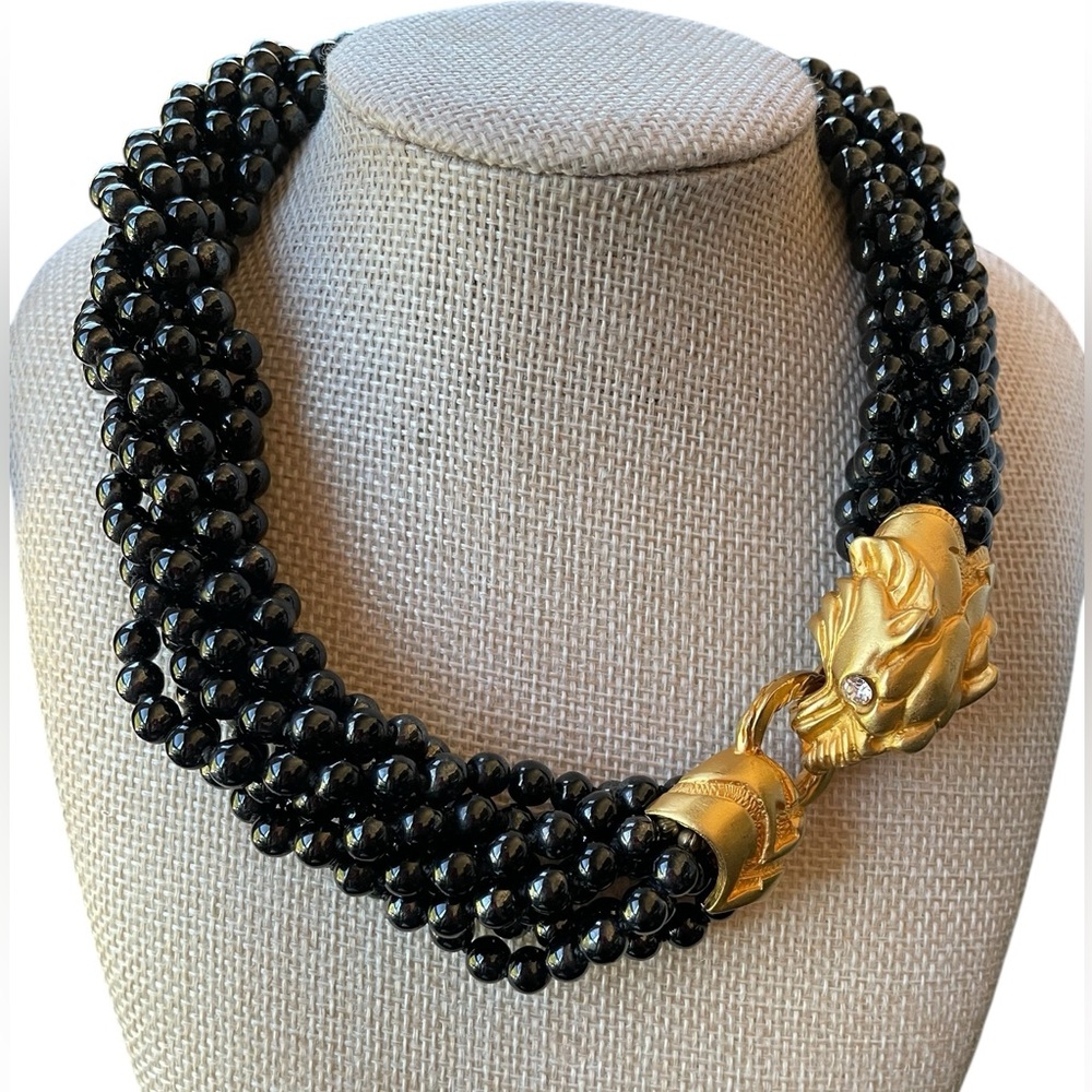 Vintage 80’s Donald Stannard Black Glass Bead Panther Collar